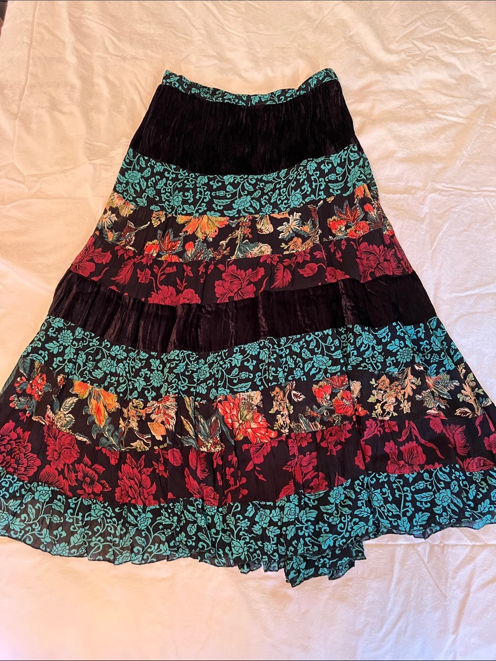 Coldwater Creek Black Maxi Skirt with Teal & Red Floral Panels